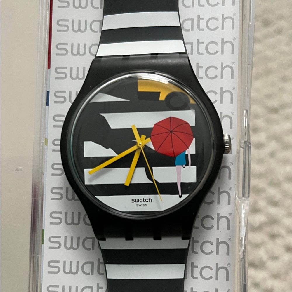 Swatch Black and White Striped Watch with Red and Blue Accents - Picture 7 of 7